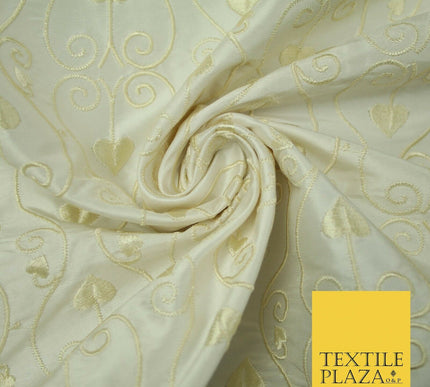 Luxury Ivory Intricate Floral Spade Leaf Embroidered 100% PURE SILK Fabric 4559