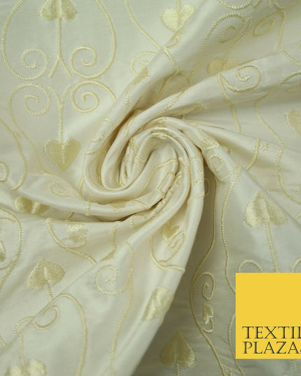 Luxury Ivory Intricate Floral Spade Leaf Embroidered 100% PURE SILK Fabric 4559