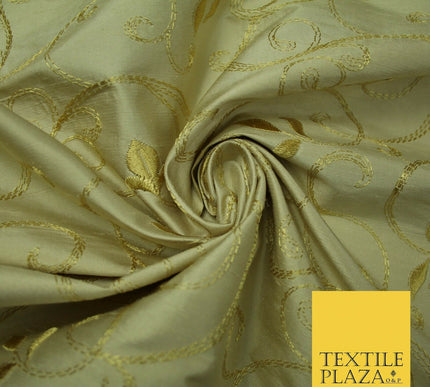 Luxury Magnolia Gold Embroidered Floral Leaf Stem 100% PURE SILK Fabric 44" 4560