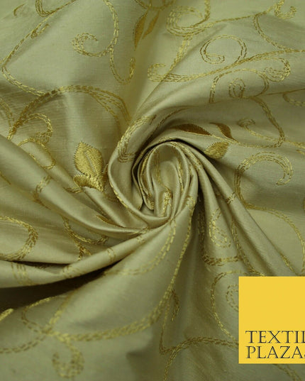 Luxury Magnolia Gold Embroidered Floral Leaf Stem 100% PURE SILK Fabric 44" 4560