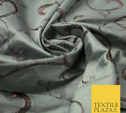 Luxury Silver Mauve Floral Scroll Embroidered 100% PURE SILK Fabric 45" 4557