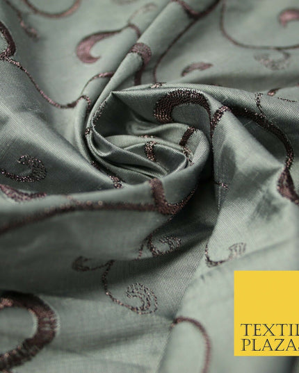 Luxury Silver Mauve Floral Scroll Embroidered 100% PURE SILK Fabric 45" 4557