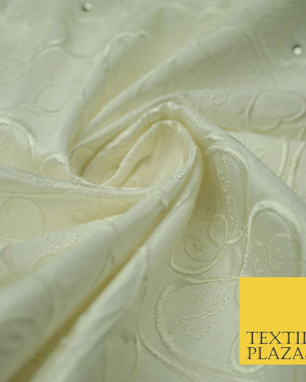 Luxury Ivory Floral Heart Swirl SWAROVSKI Embroidered 100% PURE SILK Fabric 4558