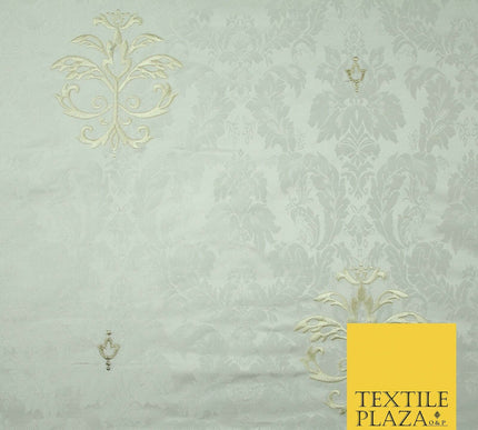 Luxury Ornate Jacquard Ivory Motif Embroidered 100% PURE SILK Fabric Furnishing