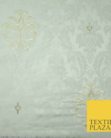 Luxury Ornate Jacquard Ivory Motif Embroidered 100% PURE SILK Fabric Furnishing