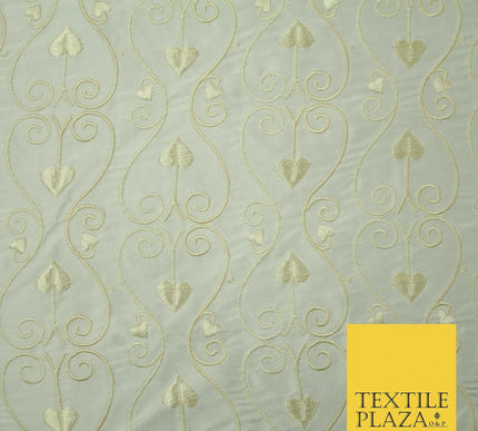Luxury Ivory Intricate Floral Spade Leaf Embroidered 100% PURE SILK Fabric 4559