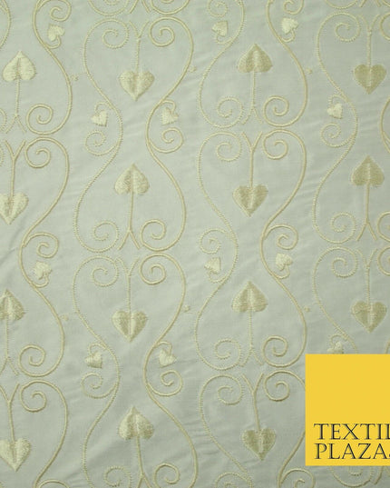 Luxury Ivory Intricate Floral Spade Leaf Embroidered 100% PURE SILK Fabric 4559