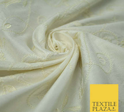 Luxury Ivory Cream Embroidered Floral Leaf Stem 100% PURE SILK Fabric 48" 4561