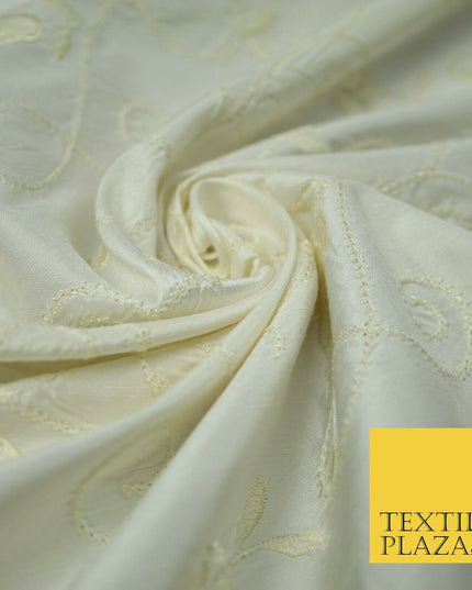Luxury Ivory Cream Embroidered Floral Leaf Stem 100% PURE SILK Fabric 48" 4561