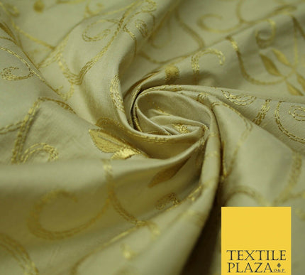 Luxury Magnolia Gold Embroidered Floral Leaf Stem 100% PURE SILK Fabric 44" 4560