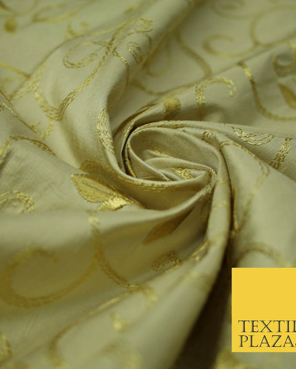 Luxury Magnolia Gold Embroidered Floral Leaf Stem 100% PURE SILK Fabric 44" 4560