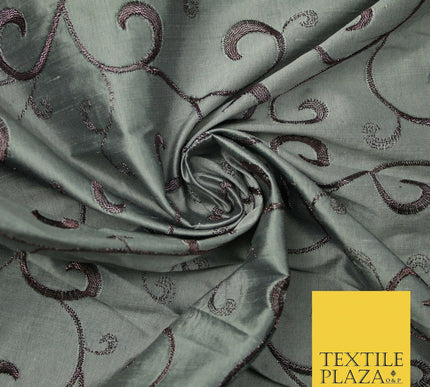 Luxury Silver Mauve Floral Scroll Embroidered 100% PURE SILK Fabric 45" 4557