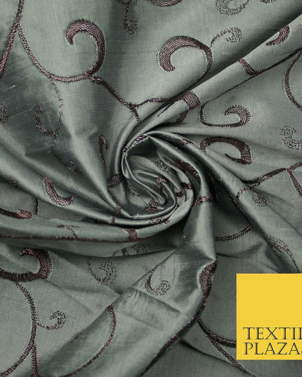 Luxury Silver Mauve Floral Scroll Embroidered 100% PURE SILK Fabric 45" 4557