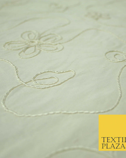 Luxury Floral Corded Flower Thread Embroidered 100% PURE SILK Fabric Decor 48"