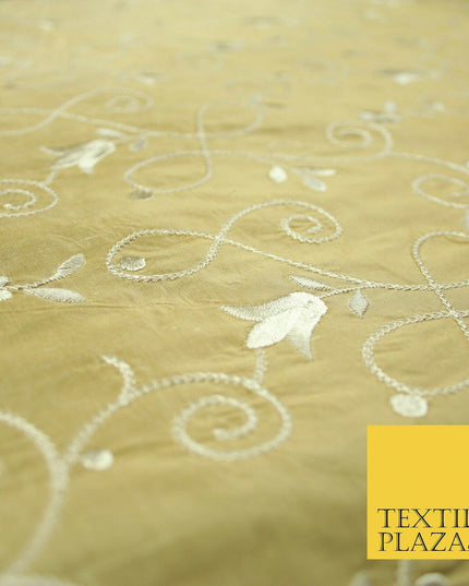 Luxury GOLD IVORY Floral Tulip Loop Embroidered 100% PURE SILK Fabric 54" 4524
