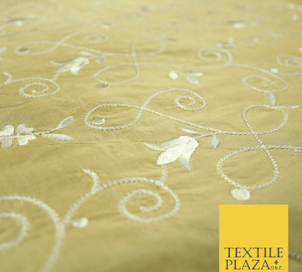 Luxury GOLD IVORY Floral Tulip Loop Embroidered 100% PURE SILK Fabric 54" 4524