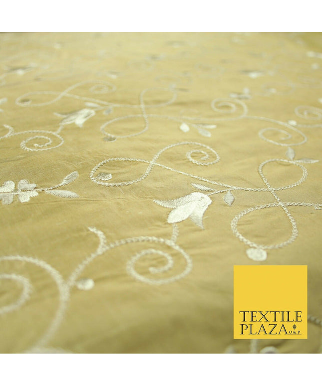 Luxury GOLD IVORY Floral Tulip Loop Embroidered 100% PURE SILK Fabric 54" 4524