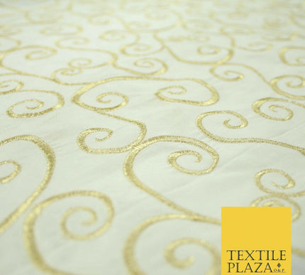 Luxury GOLD Fancy Swirl Curls Embroidered 100% PURE SILK Fabric 45" Wide 4517