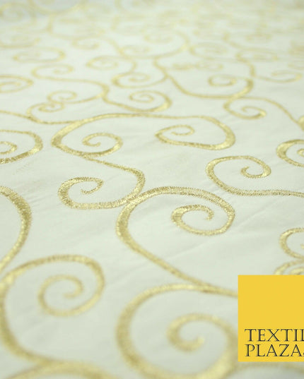 Luxury GOLD Fancy Swirl Curls Embroidered 100% PURE SILK Fabric 45" Wide 4517