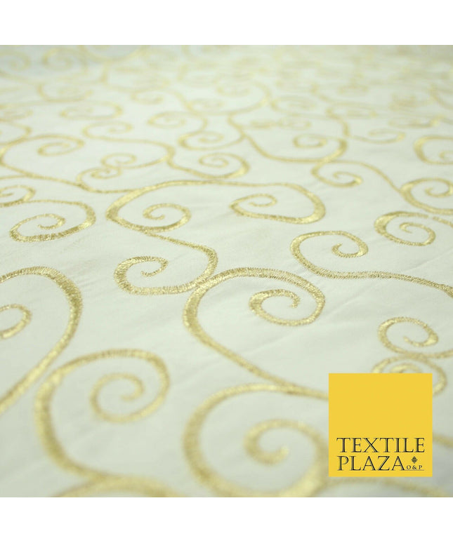 Luxury GOLD Fancy Swirl Curls Embroidered 100% PURE SILK Fabric 45" Wide 4517