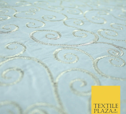 Luxury ICE BLUE Fancy Swirl Curls Embroidered 100% PURE SILK Fabric 48" 4520
