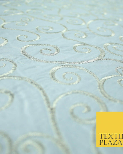 Luxury ICE BLUE Fancy Swirl Curls Embroidered 100% PURE SILK Fabric 48" 4520