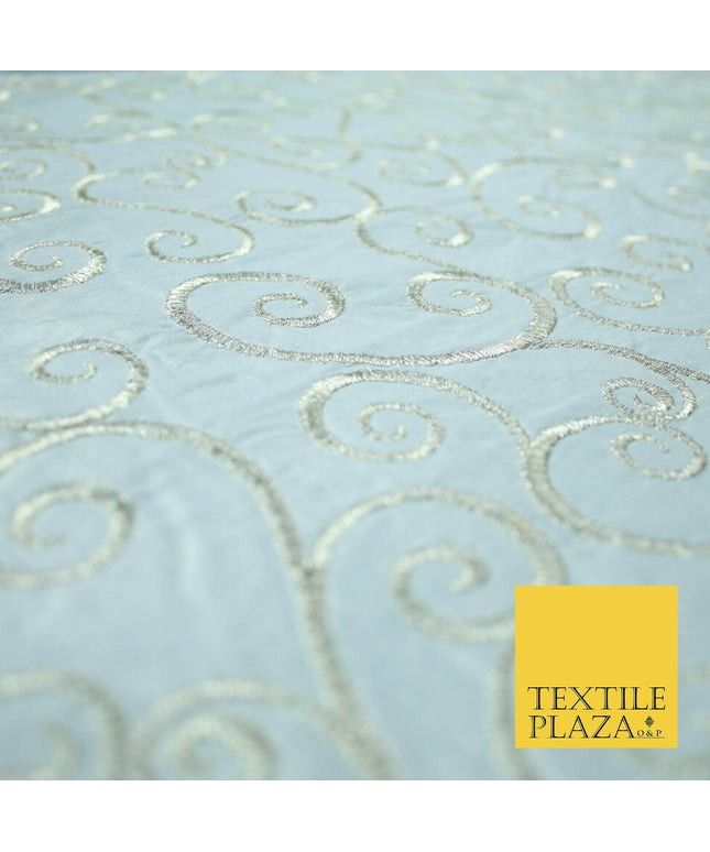 Luxury ICE BLUE Fancy Swirl Curls Embroidered 100% PURE SILK Fabric 48" 4520