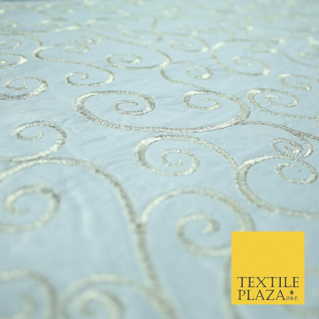 Luxury ICE BLUE Fancy Swirl Curls Embroidered 100% PURE SILK Fabric 48" 4520