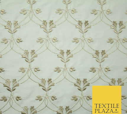 Luxury OYSTER GOLD Floral Lattice Embroidered 100% PURE SILK Fabric 45" 4527