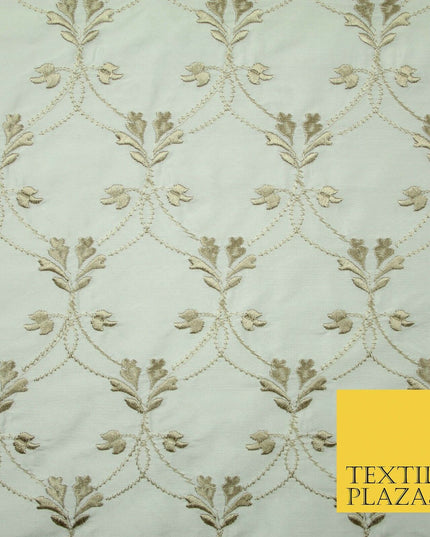 Luxury OYSTER GOLD Floral Lattice Embroidered 100% PURE SILK Fabric 45" 4527