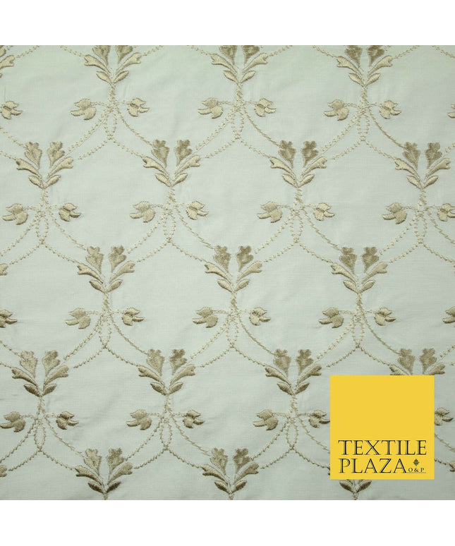 Luxury OYSTER GOLD Floral Lattice Embroidered 100% PURE SILK Fabric 45" 4527