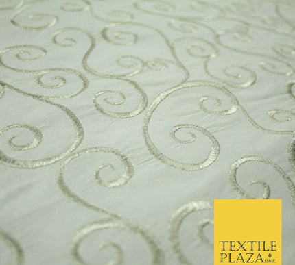 Luxury SILVER Fancy Swirl Curls Embroidered 100% PURE SILK Fabric 45" Wide 4518
