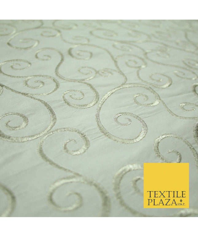 Luxury SILVER Fancy Swirl Curls Embroidered 100% PURE SILK Fabric 45" Wide 4518