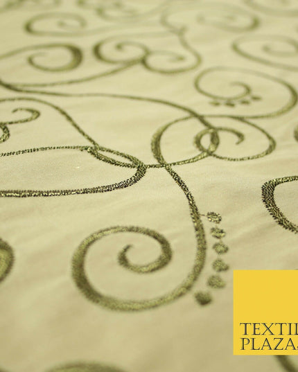 Luxury GOLD Ornate Swirl Hearts Embroidered 100% PURE SILK Fabric Furnishing4536