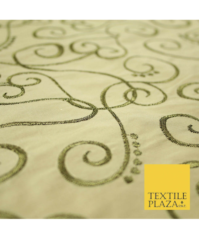 Luxury GOLD Ornate Swirl Hearts Embroidered 100% PURE SILK Fabric Furnishing4536