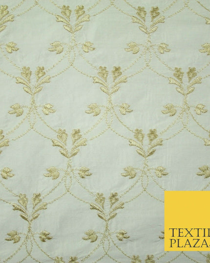 Luxury IVORY GOLD Floral Lattice Embroidered 100% PURE SILK Fabric 45" 4525