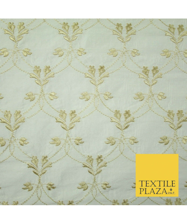 Luxury IVORY GOLD Floral Lattice Embroidered 100% PURE SILK Fabric 45" 4525