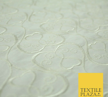 Luxury IVORY Ornate Hearts Design Embroidered 100% PURE SILK Fabric 44" 4521
