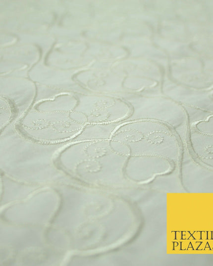 Luxury IVORY Ornate Hearts Design Embroidered 100% PURE SILK Fabric 44" 4521