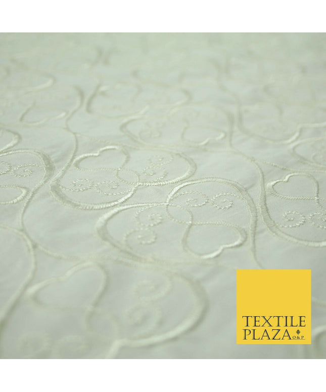 Luxury IVORY Ornate Hearts Design Embroidered 100% PURE SILK Fabric 44" 4521