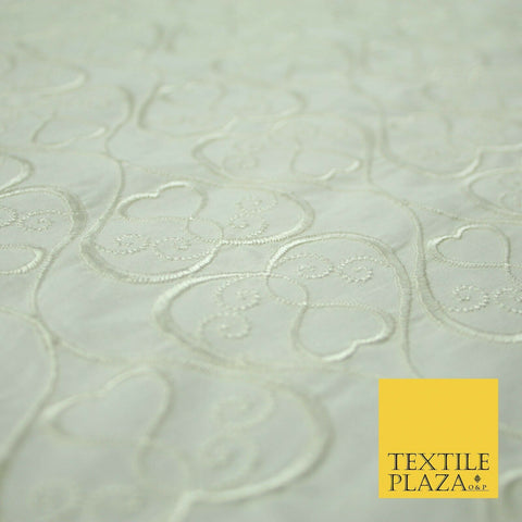 Luxury IVORY Ornate Hearts Design Embroidered 100% PURE SILK Fabric 44" 4521