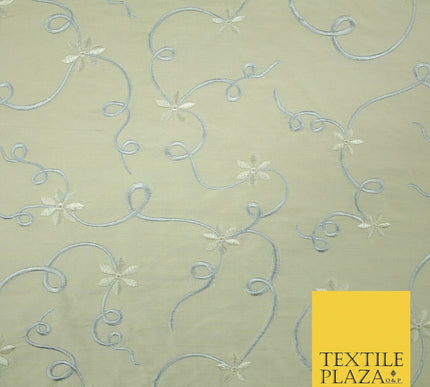 Luxury IVORY BEIGE BLUE Ribbon Flower Embroidered 100% PURE SILK Fabric 45" 4516
