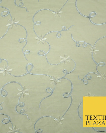 Luxury IVORY BEIGE BLUE Ribbon Flower Embroidered 100% PURE SILK Fabric 45" 4516