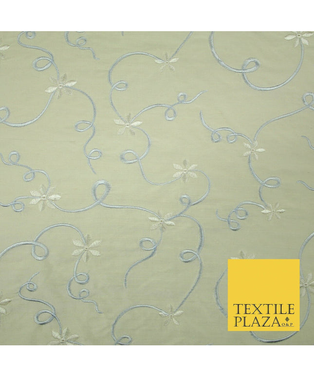 Luxury IVORY BEIGE BLUE Ribbon Flower Embroidered 100% PURE SILK Fabric 45" 4516