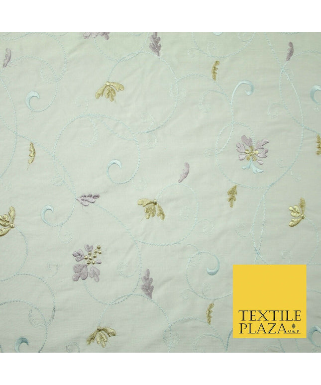 Luxury IVORY Floral Tropical Vine Embroidered 100% PURE SILK Fabric 44" 4530
