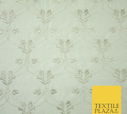 Luxury IVORY SILVER Floral Lattice Embroidered 100% PURE SILK Fabric 45" 4526