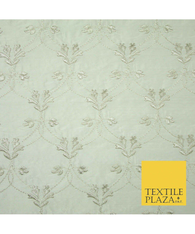 Luxury IVORY SILVER Floral Lattice Embroidered 100% PURE SILK Fabric 45" 4526