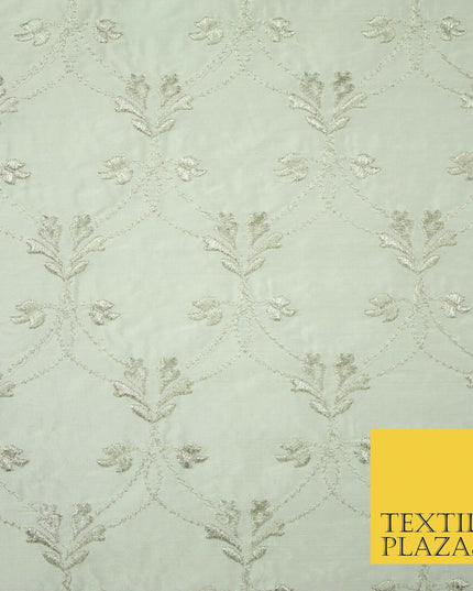 Luxury IVORY SILVER Floral Lattice Embroidered 100% PURE SILK Fabric 45" 4526