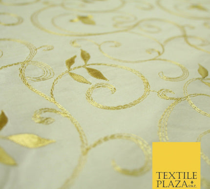 Luxury IVORY Floral Grandeur GOLD Embroidered 100% PURE SILK Fabric 45" 4529