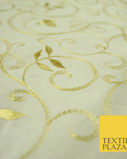 Luxury IVORY Floral Grandeur GOLD Embroidered 100% PURE SILK Fabric 45" 4529